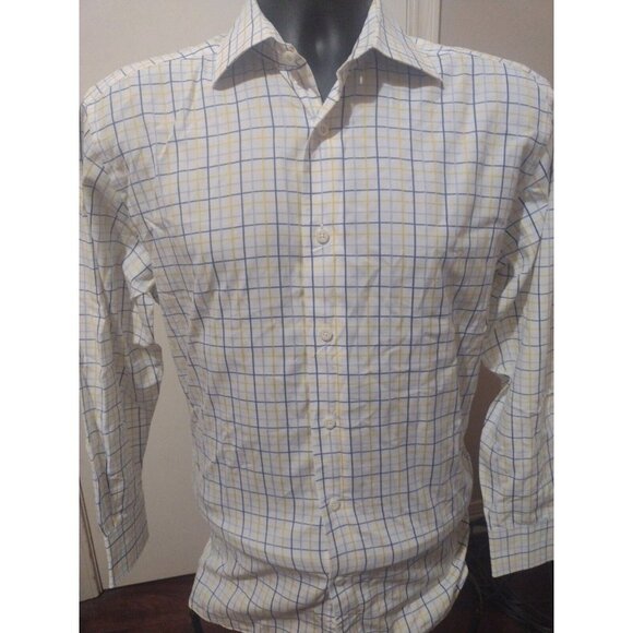 Men's David Donahue 15.5-32/33 (Large L) Dress Button Shirt White Yellow Cotton - Picture 1 of 11